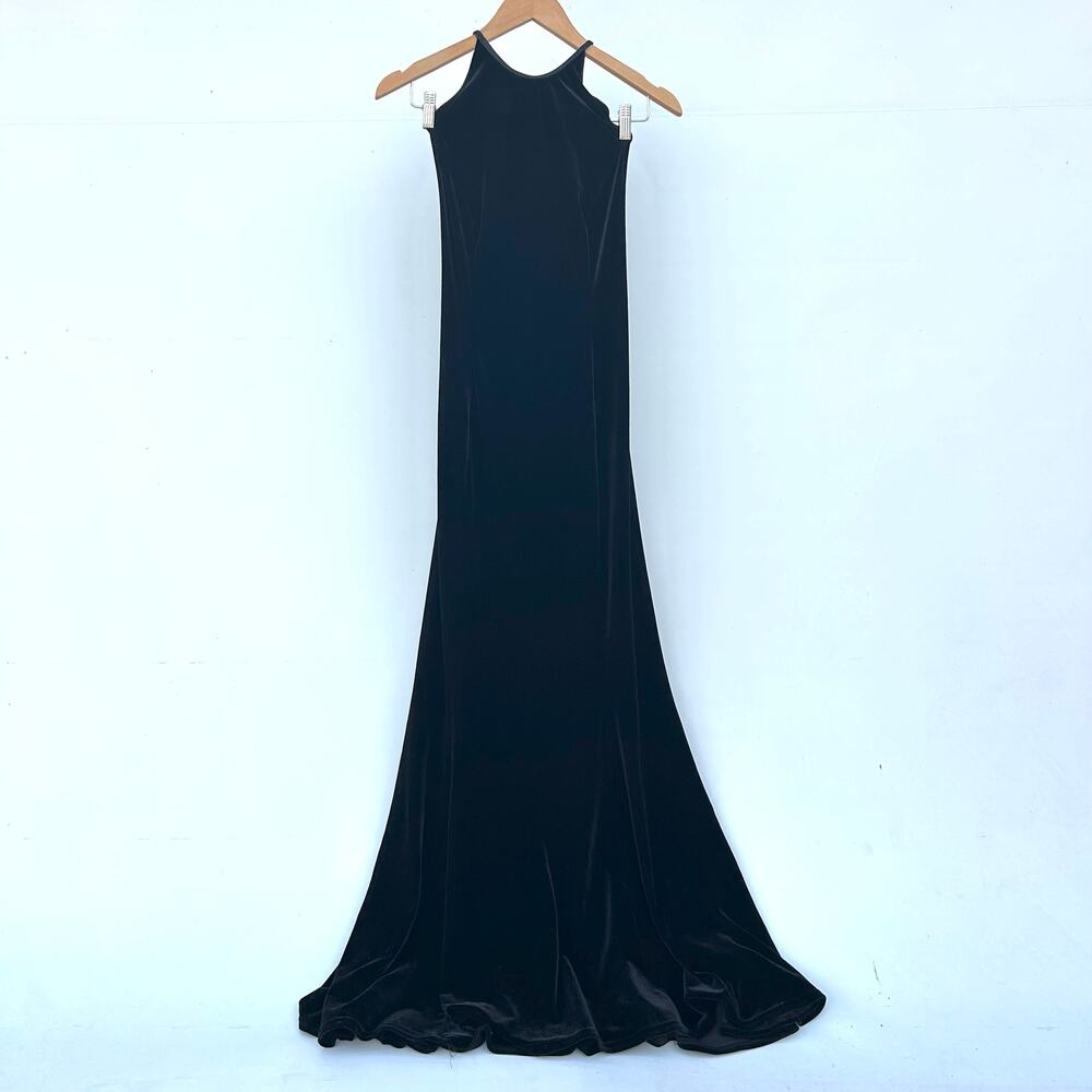 Vintage 90s ABS Velvet Halter Corset Lace Up Gown Black Large Maxi Dress Prom - Picture 2 of 10